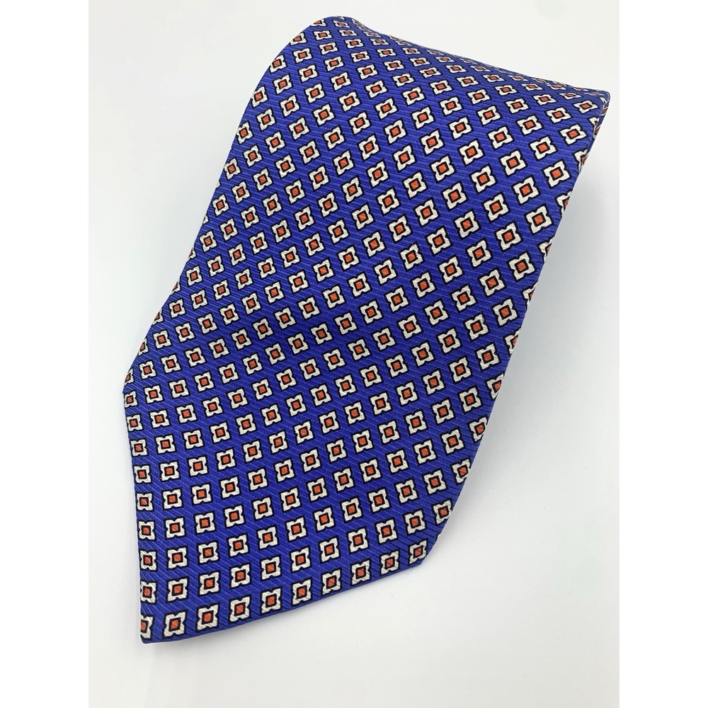 Vintage Lands End Blue Geometric‎ 100% Silk Men's Tie - 59 1/2" x 3 3/4"